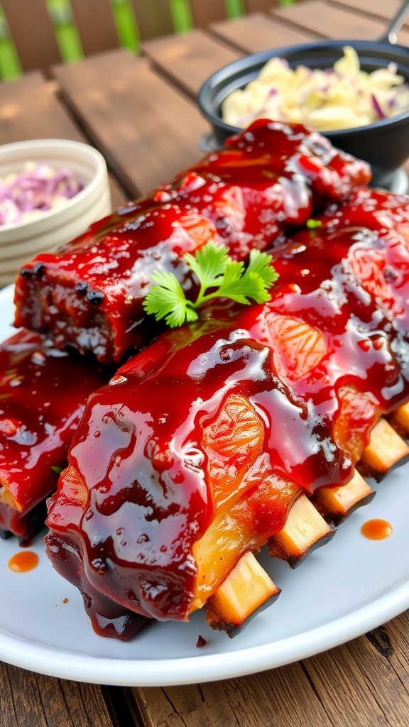 A delicious serving of barbecue ribs coated in sauce, garnished with parsley, alongside coleslaw on a rustic table.